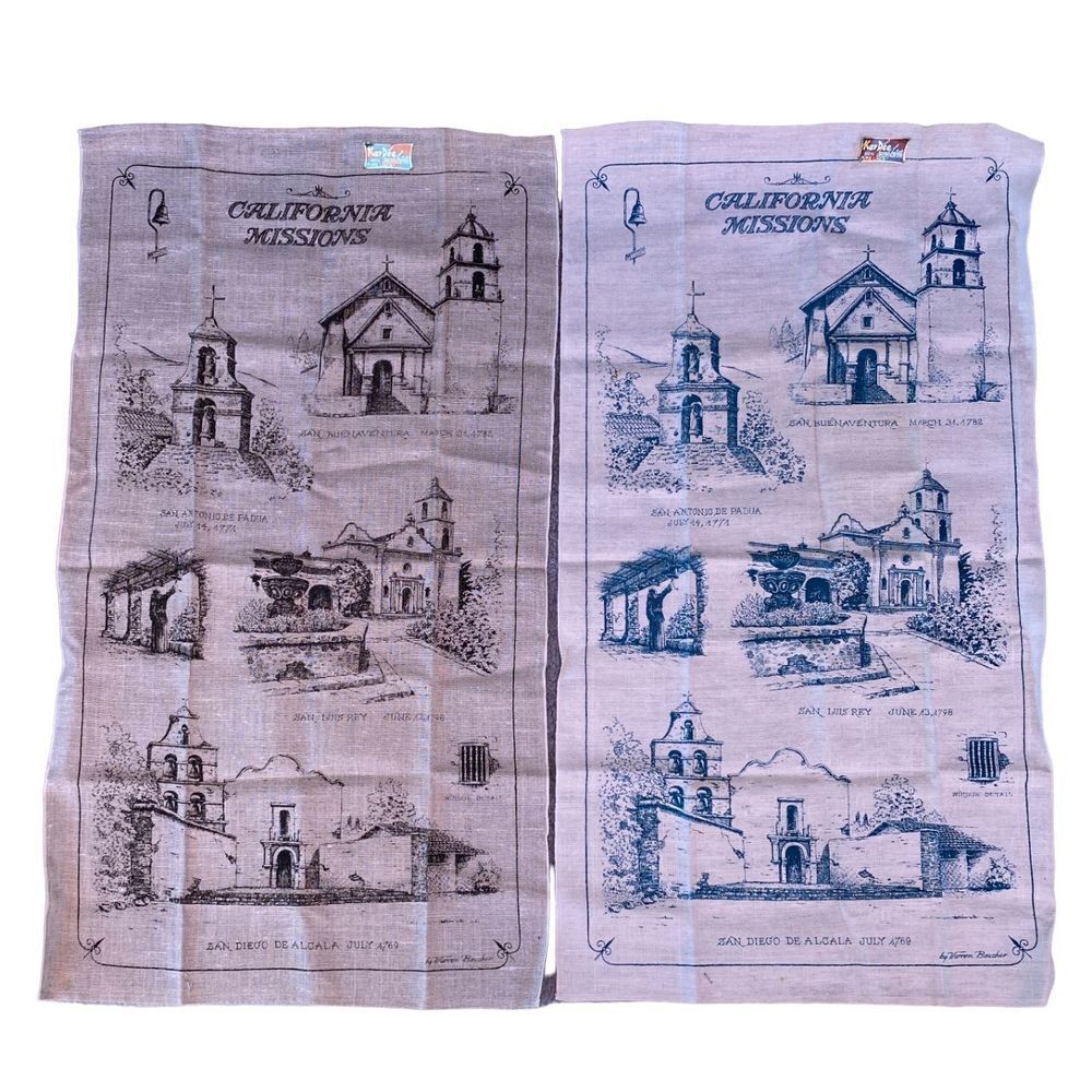 2 Vtg Kay Dee HandPrints California Missions 100% Pure Linen Kitchen Tea Towels